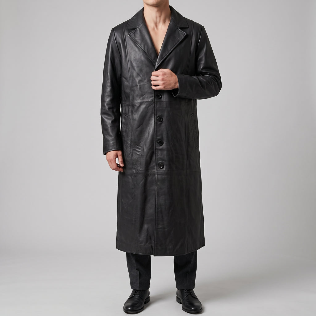 Black Leather Notch-Lapel Trench Coat - Men's Single-Breasted Long Coat