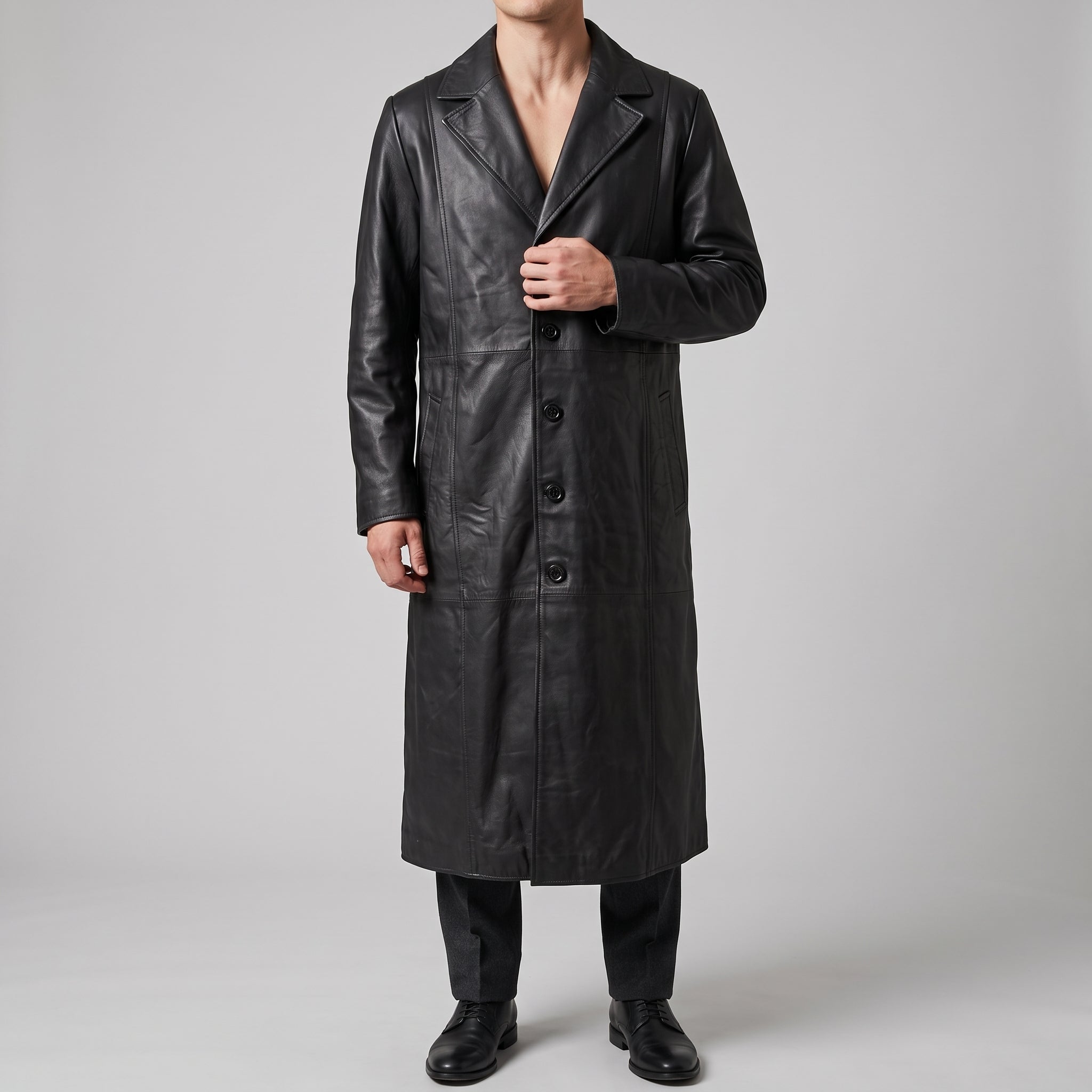 Black Leather Notch-Lapel Trench Coat - Men's Single-Breasted Long Coat