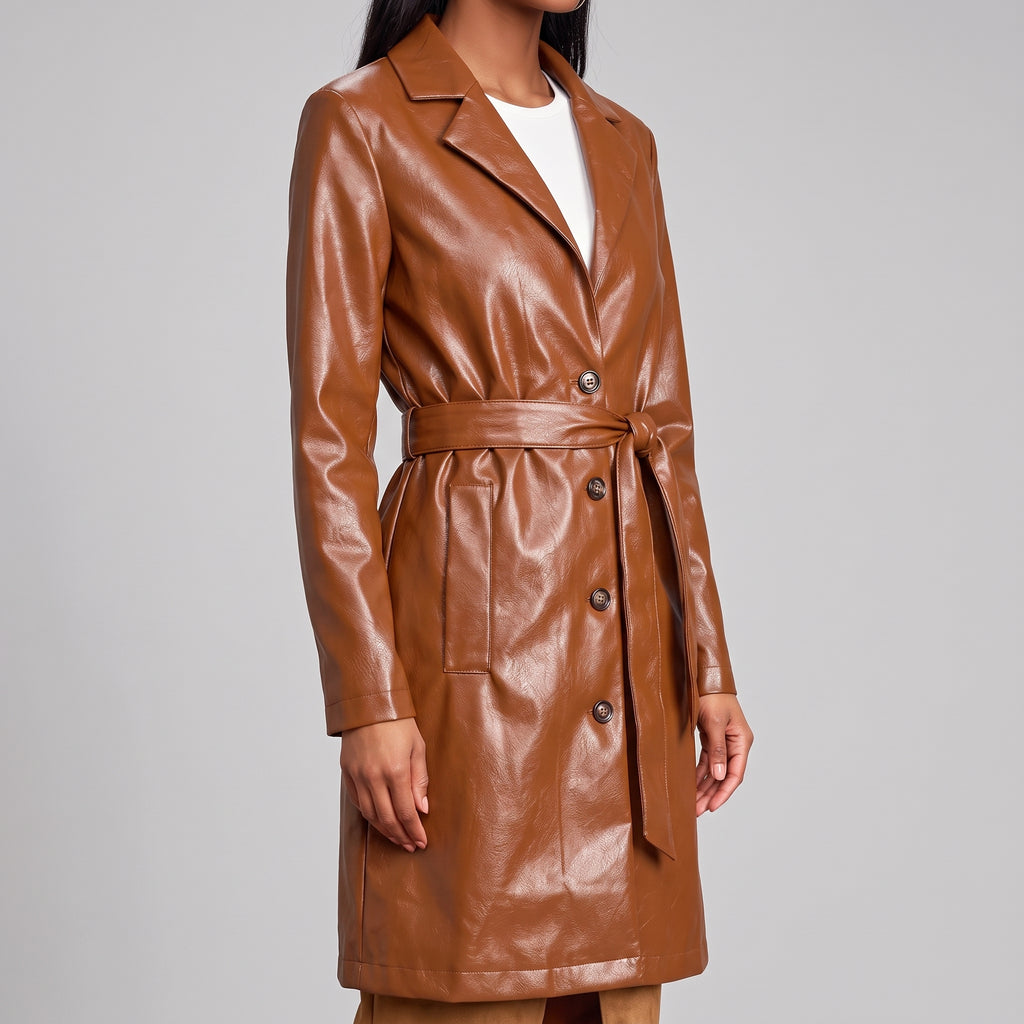 Cognac Leather Belted Topper Coat — Women's Notch-Lapel Trench Coat
