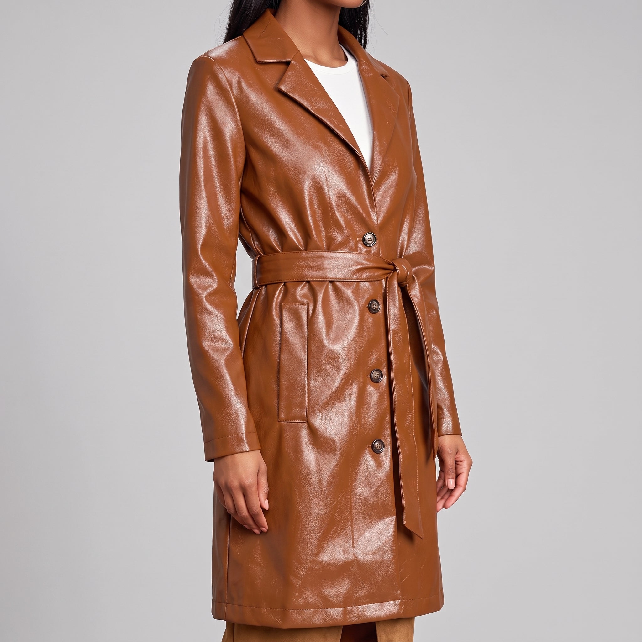 Cognac Leather Belted Topper Coat — Women's Notch-Lapel Trench Coat