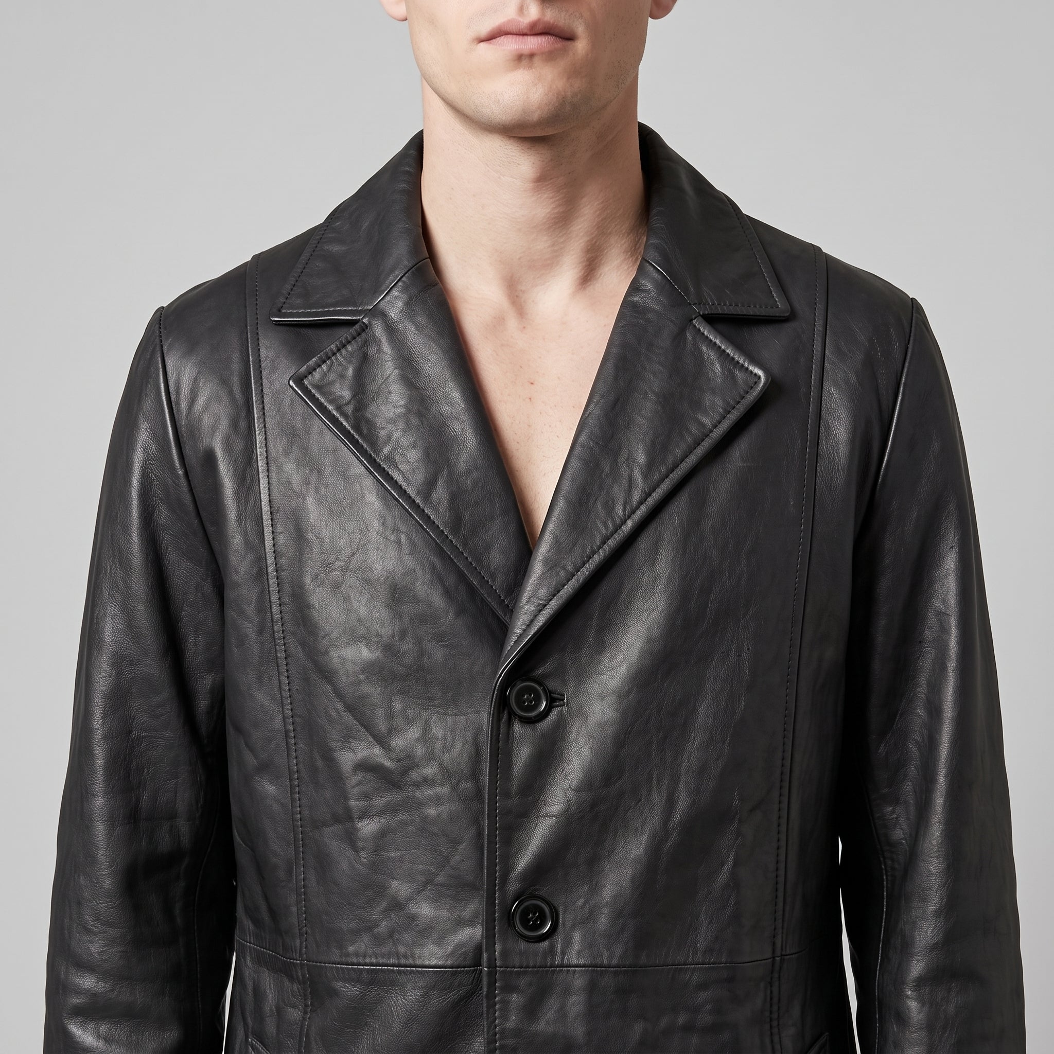 Black Leather Notch-Lapel Trench Coat - Men's Single-Breasted Long Coat