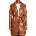 Cognac Leather Belted Topper Coat — Women's Notch-Lapel Trench Coat