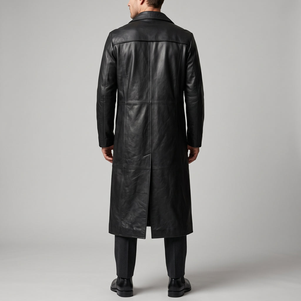 Black Leather Notch-Lapel Trench Coat - Men's Single-Breasted Long Coat
