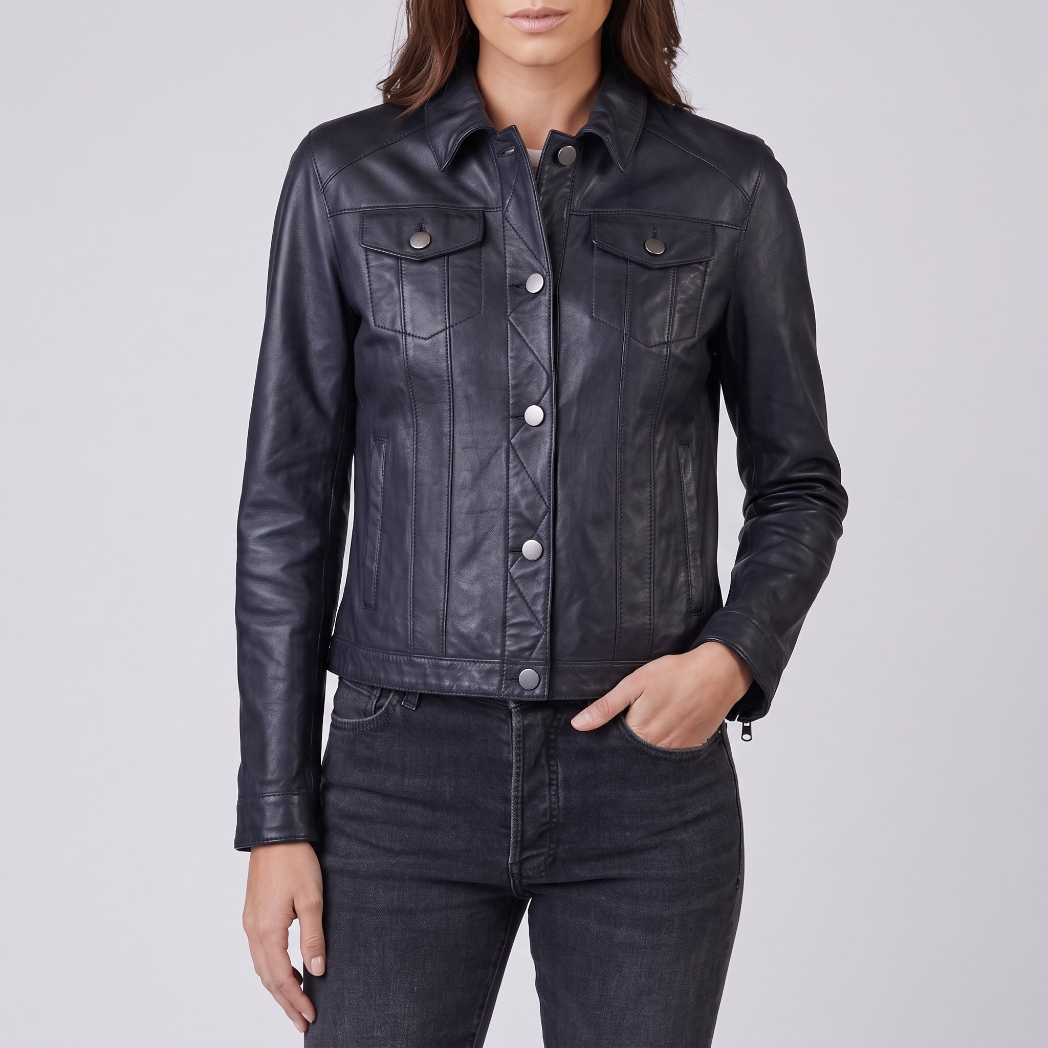 Black Leather Trucker Jacket - Women's Classic Snap-Front Jacket