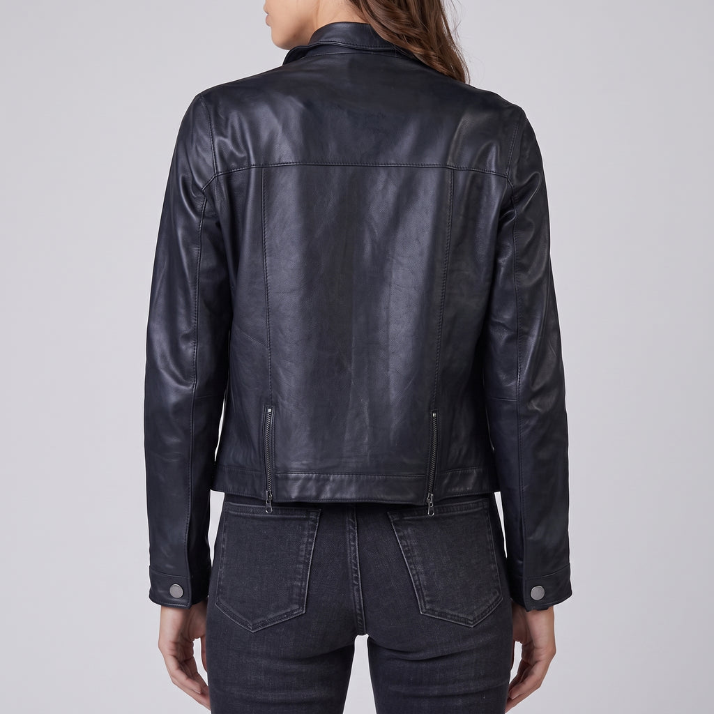 Black Leather Trucker Jacket - Women's Classic Snap-Front Jacket