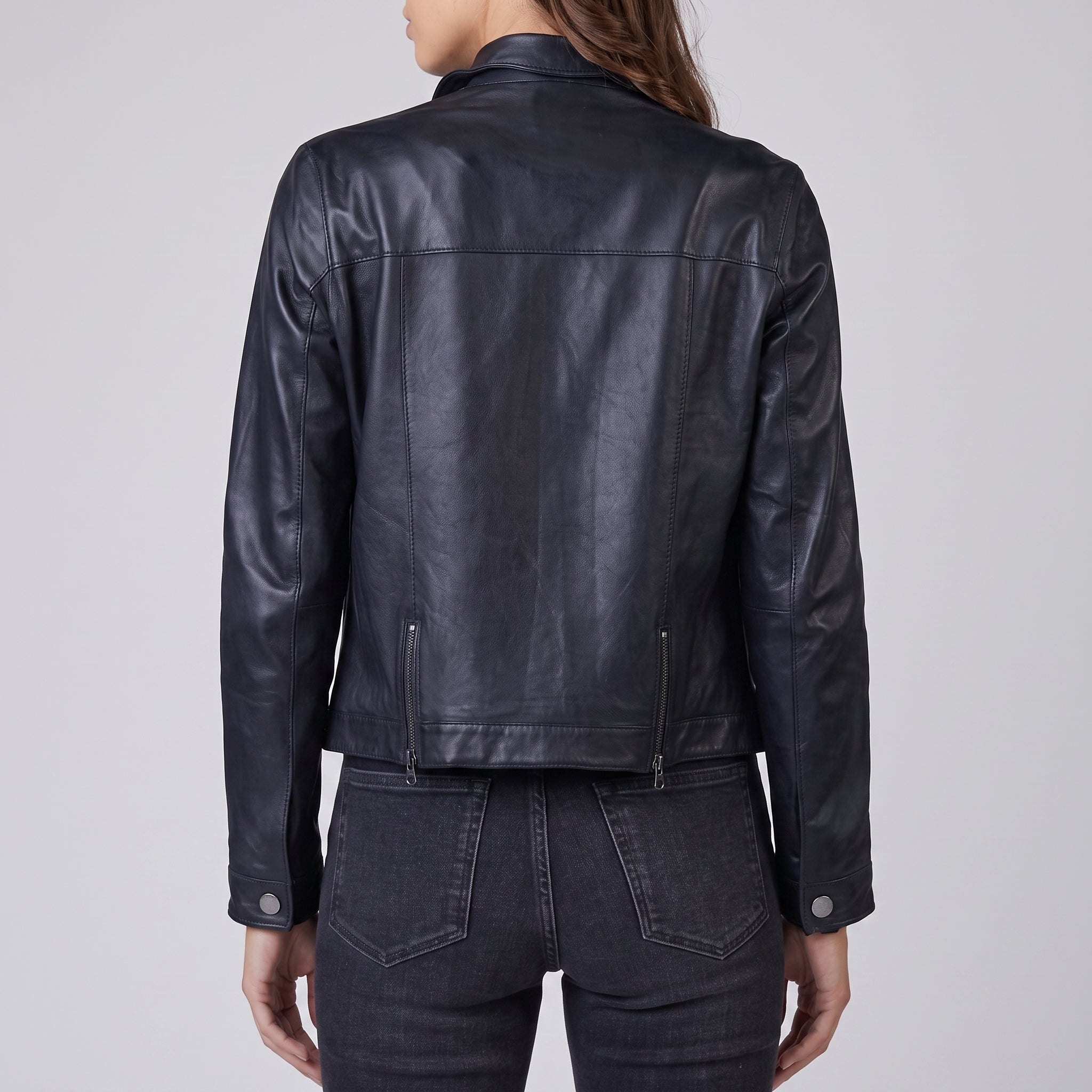Black Leather Trucker Jacket - Women's Classic Snap-Front Jacket
