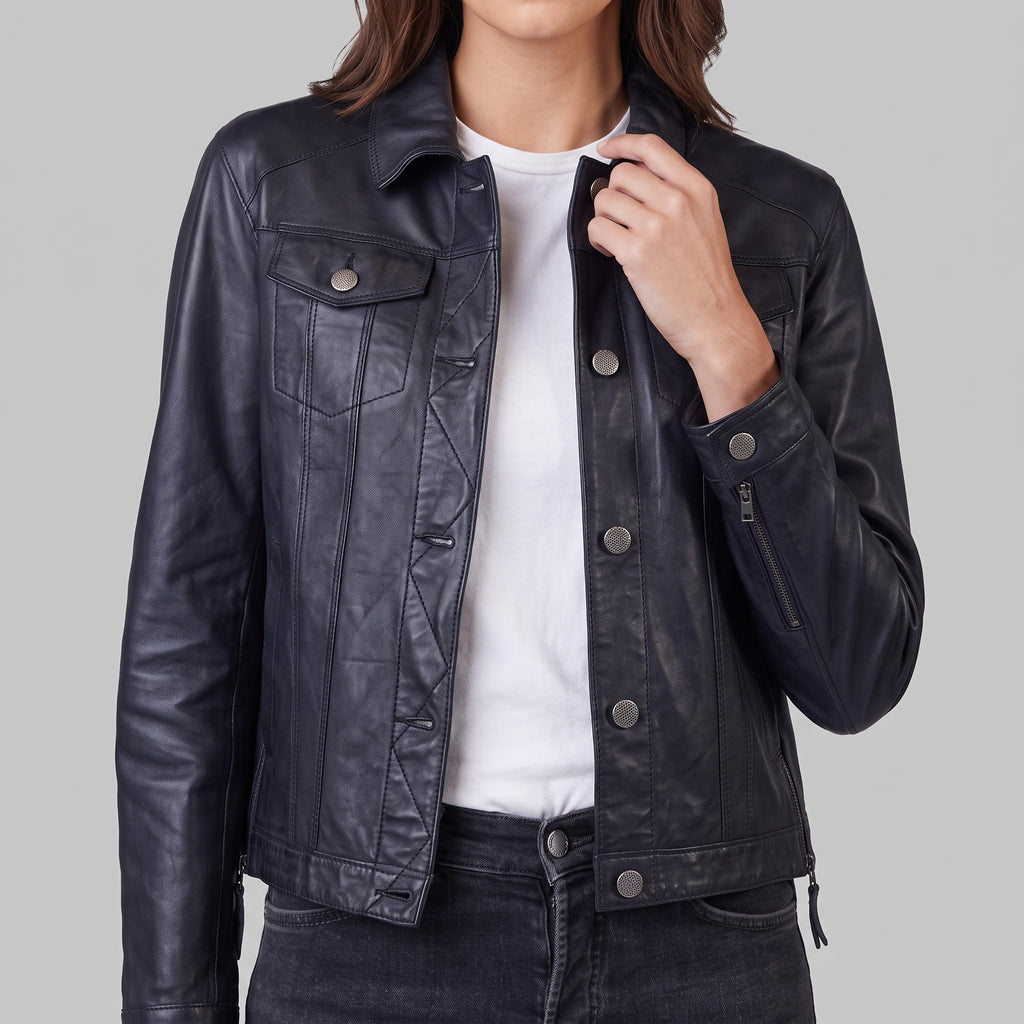 Black Leather Trucker Jacket - Women's Classic Snap-Front Jacket