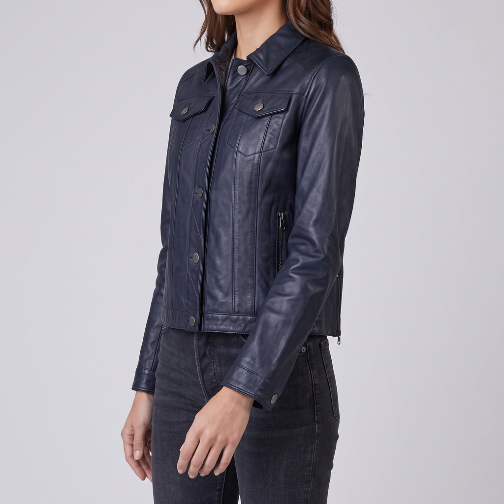 Black Leather Trucker Jacket - Women's Classic Snap-Front Jacket