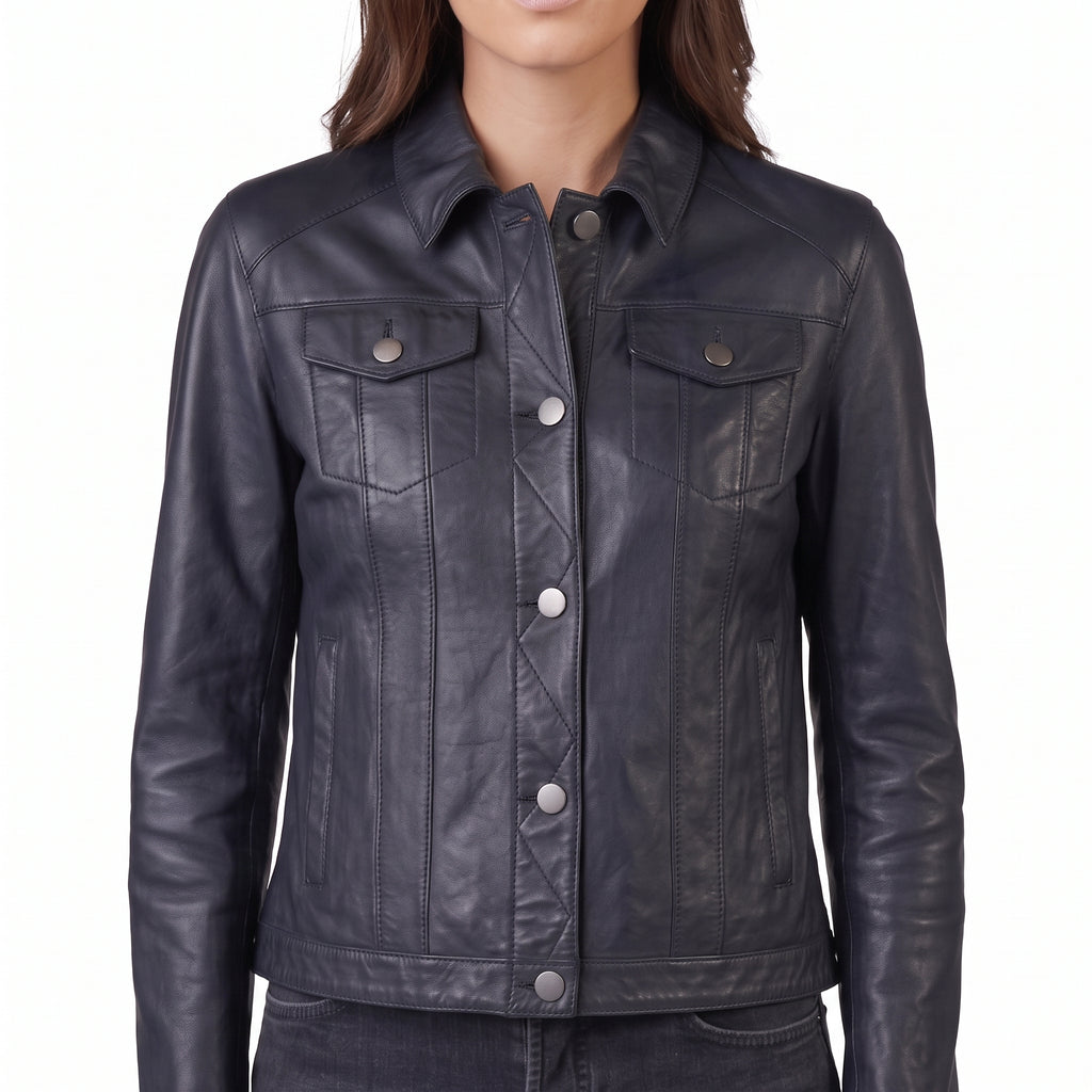 Black Leather Trucker Jacket - Women's Classic Snap-Front Jacket