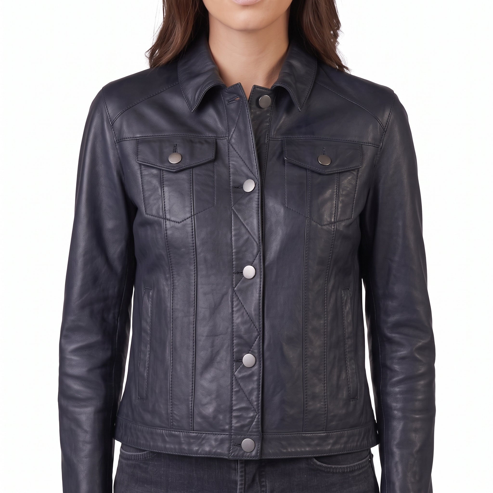 Black Leather Trucker Jacket - Women's Classic Snap-Front Jacket