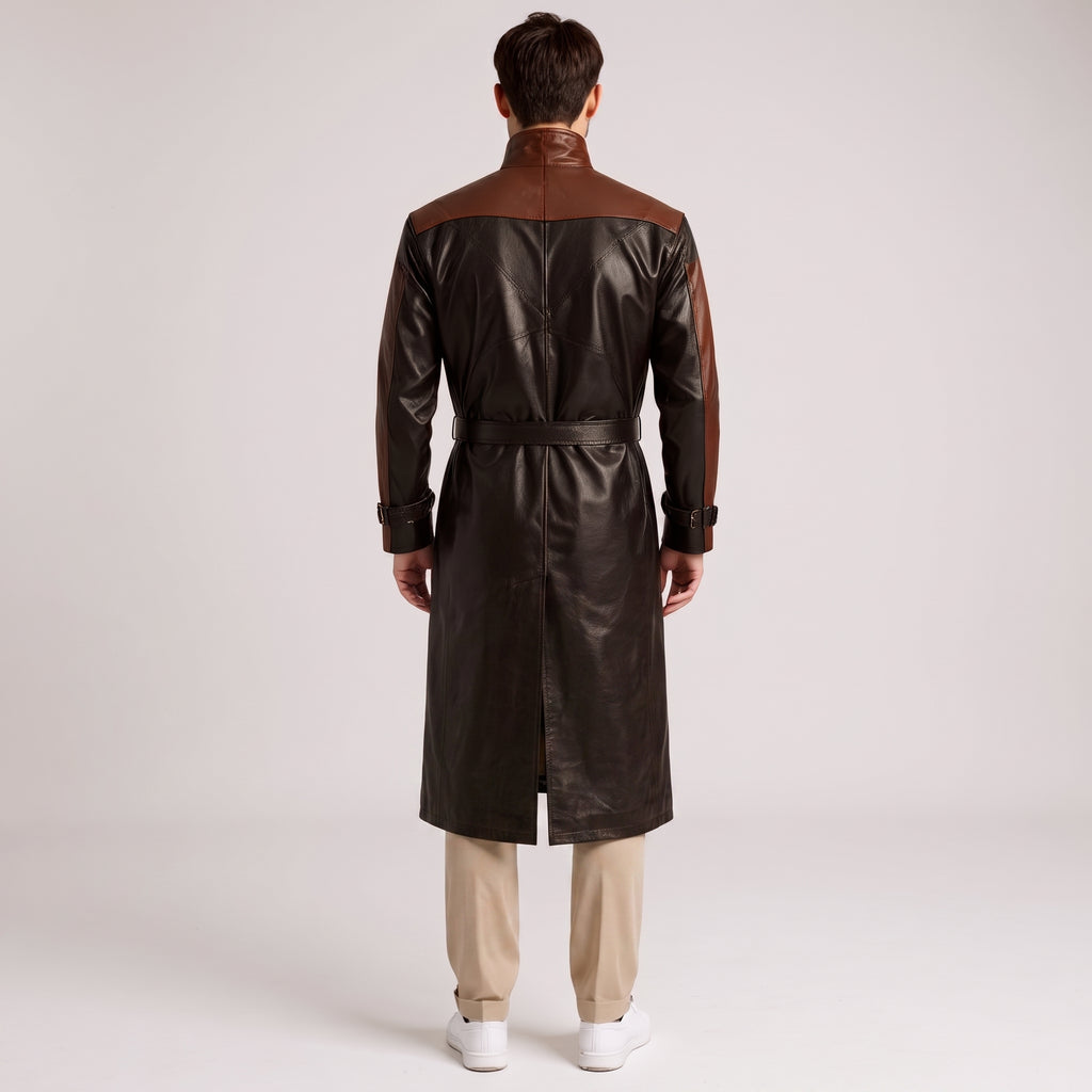 Two-Tone Black & Brown Cognac Leather Trench Coat - Men's Buckle-Collar Coat