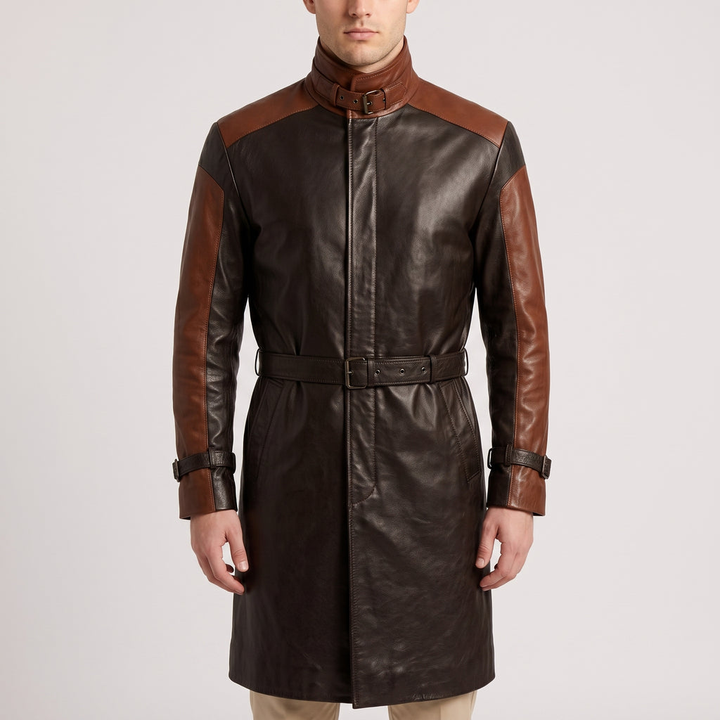Two-Tone Black & Brown Cognac Leather Trench Coat - Men's Buckle-Collar Coat