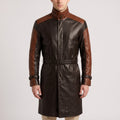 Two-Tone Black & Brown Cognac Leather Trench Coat - Men's Buckle-Collar Coat