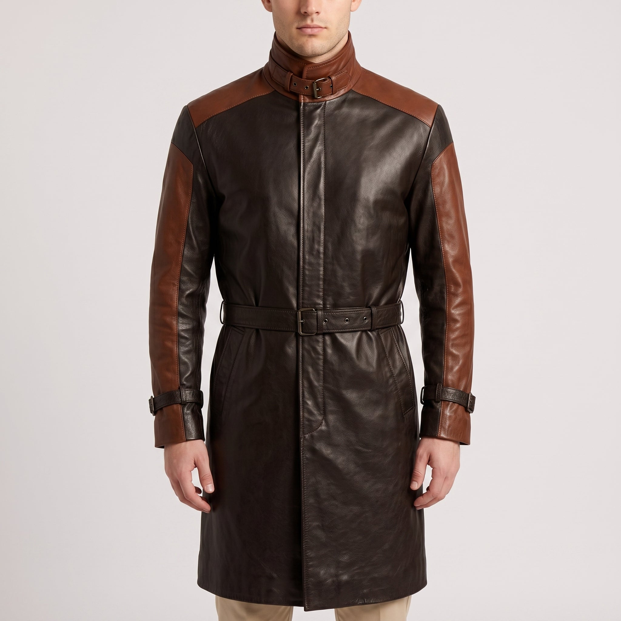 Two-Tone Black & Brown Cognac Leather Trench Coat - Men's Buckle-Collar Coat