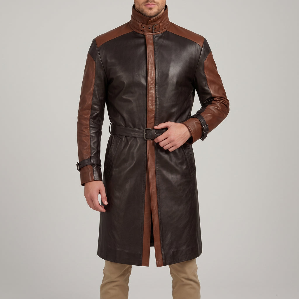 Two-Tone Black & Brown Cognac Leather Trench Coat - Men's Buckle-Collar Coat