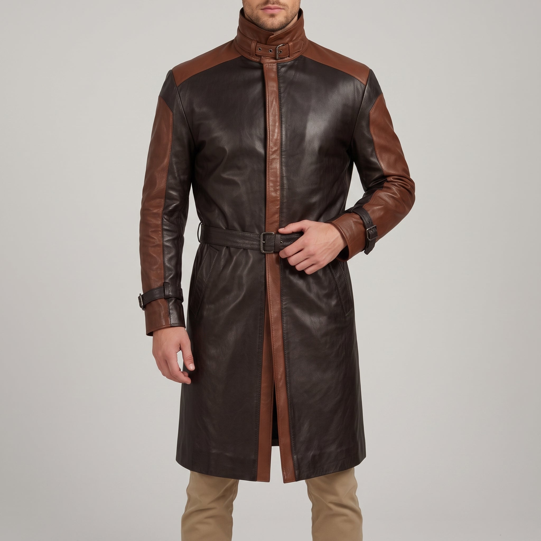 Two-Tone Black & Brown Cognac Leather Trench Coat - Men's Buckle-Collar Coat