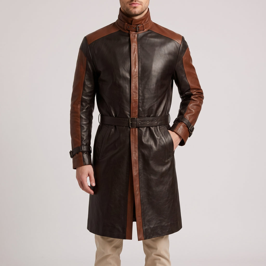 Two-Tone Black & Brown Cognac Leather Trench Coat - Men's Buckle-Collar Coat