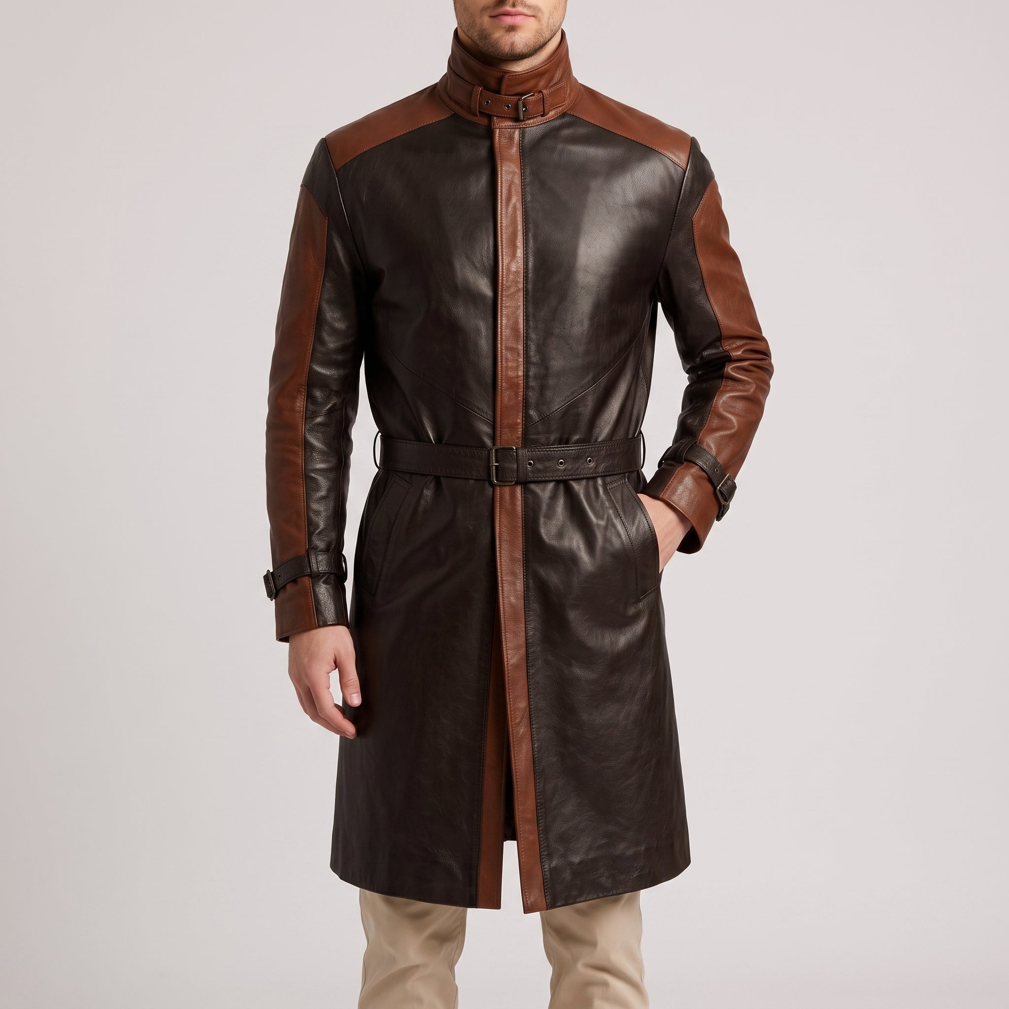 Two-Tone Black & Brown Cognac Leather Trench Coat - Men's Buckle-Collar Coat