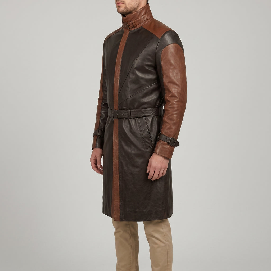 Two-Tone Black & Brown Cognac Leather Trench Coat - Men's Buckle-Collar Coat