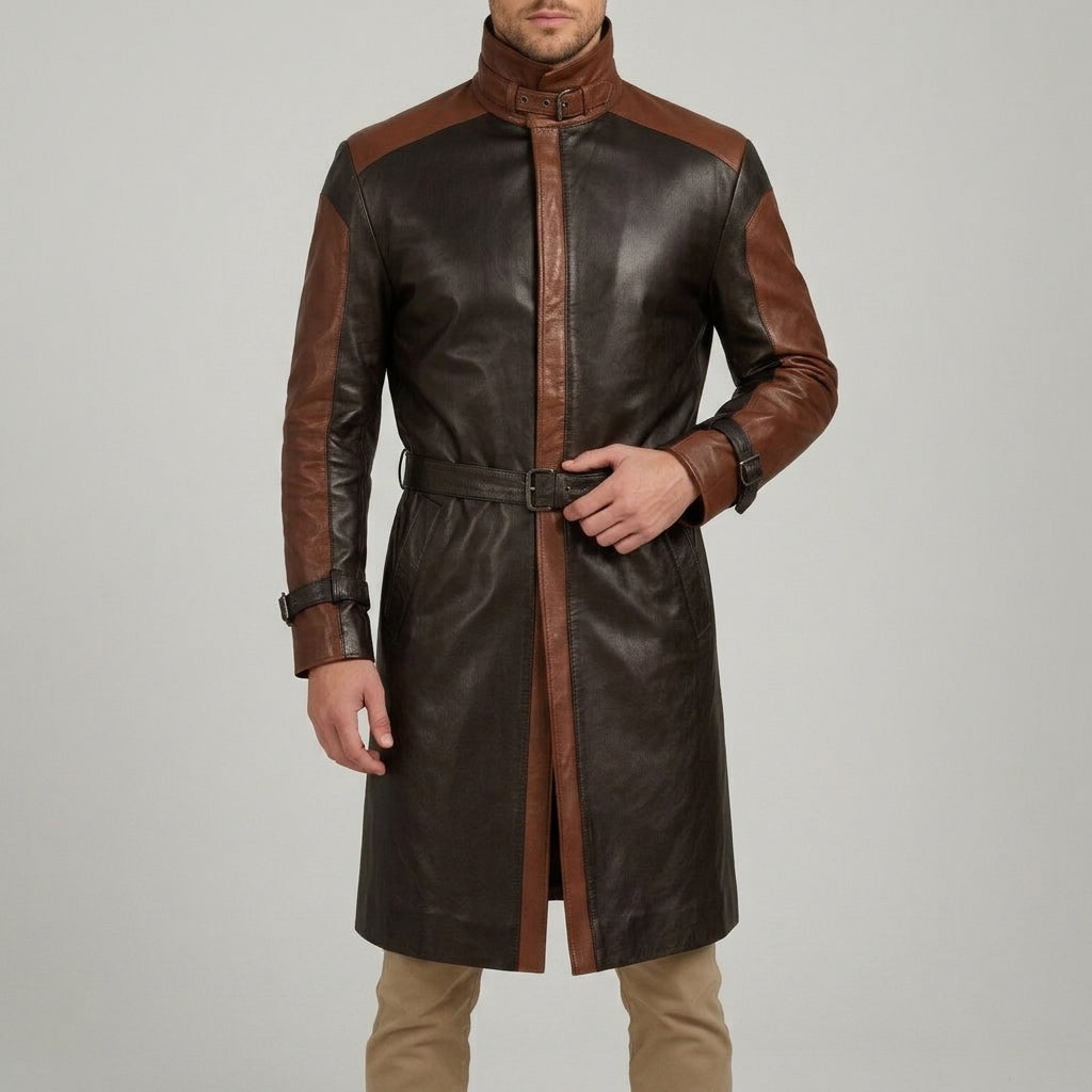 Two-Tone Black & Brown Cognac Leather Trench Coat - Men's Buckle-Collar Coat