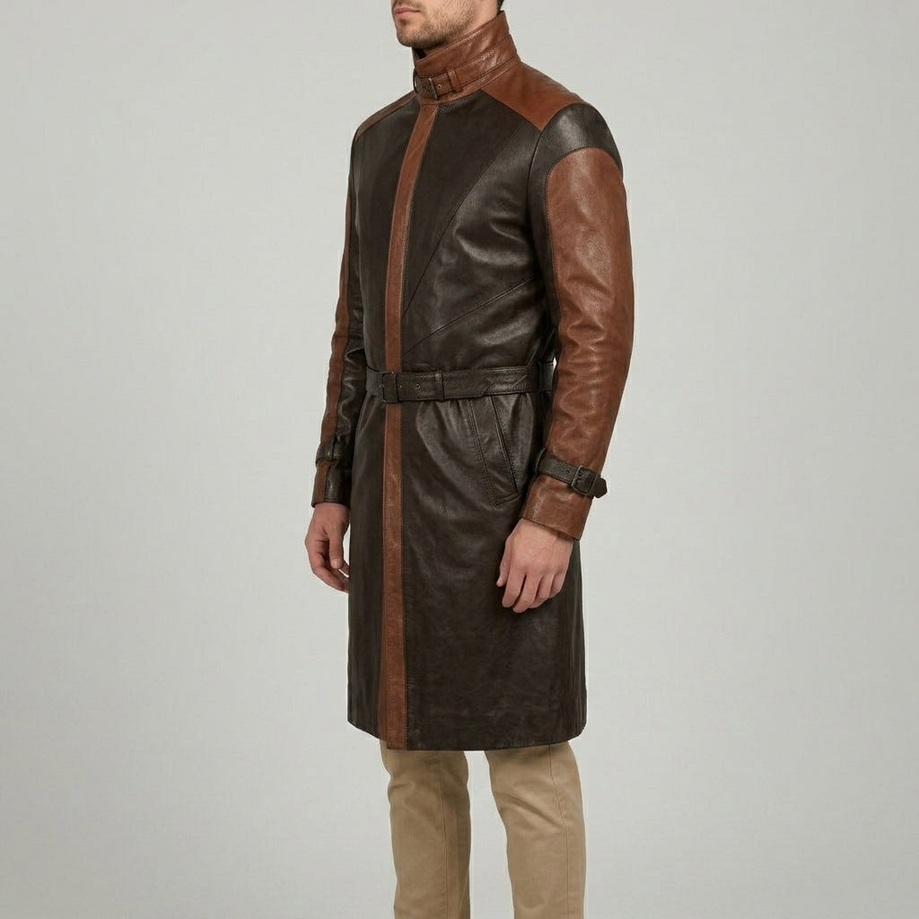 Two-Tone Black & Brown Cognac Leather Trench Coat - Men's Buckle-Collar Coat