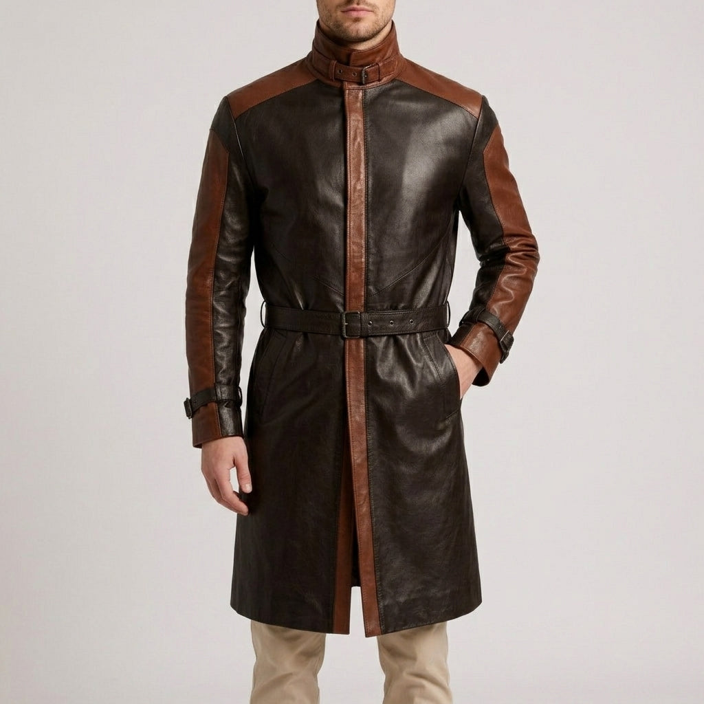 Two-Tone Black & Brown Cognac Leather Trench Coat - Men's Buckle-Collar Coat