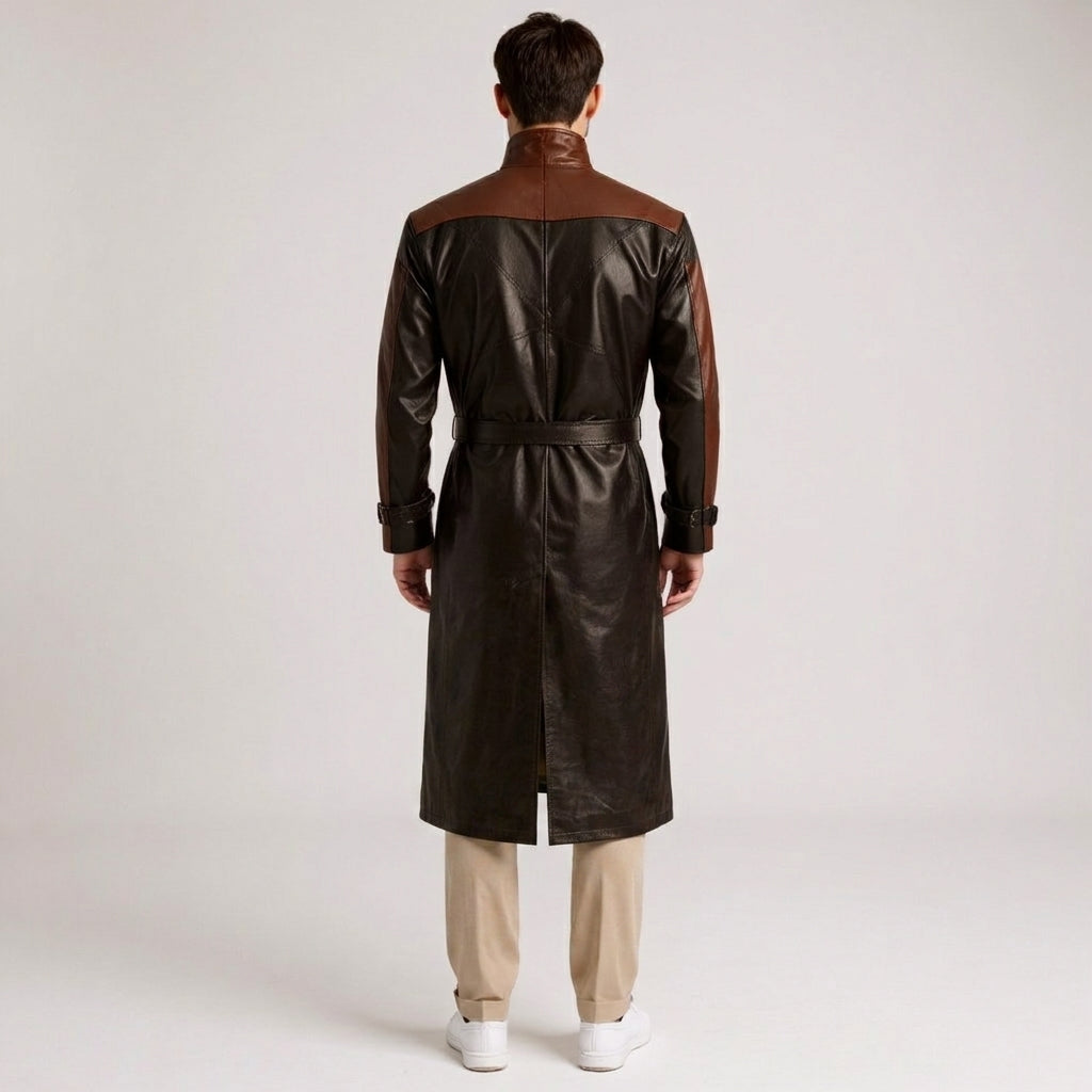 Two-Tone Black & Brown Cognac Leather Trench Coat - Men's Buckle-Collar Coat