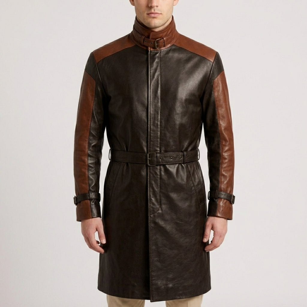 Two-Tone Black & Brown Cognac Leather Trench Coat - Men's Buckle-Collar Coat