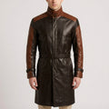 Two-Tone Black & Brown Cognac Leather Trench Coat - Men's Buckle-Collar Coat
