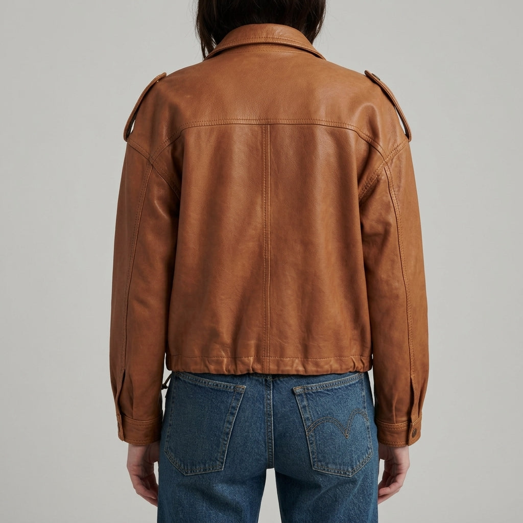 Brown Leather Utility Jacket - Women's Zip-Front Drawstring Jacket