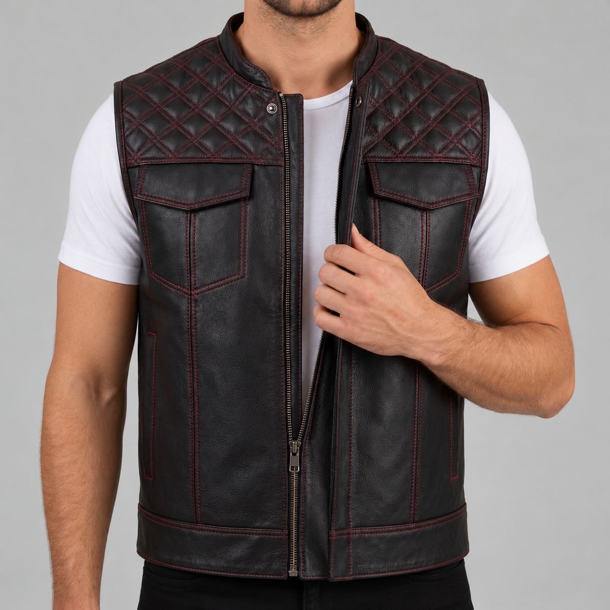Black Leather Quilted Moto Vest - Men's Contrast-Stitch Biker Vest