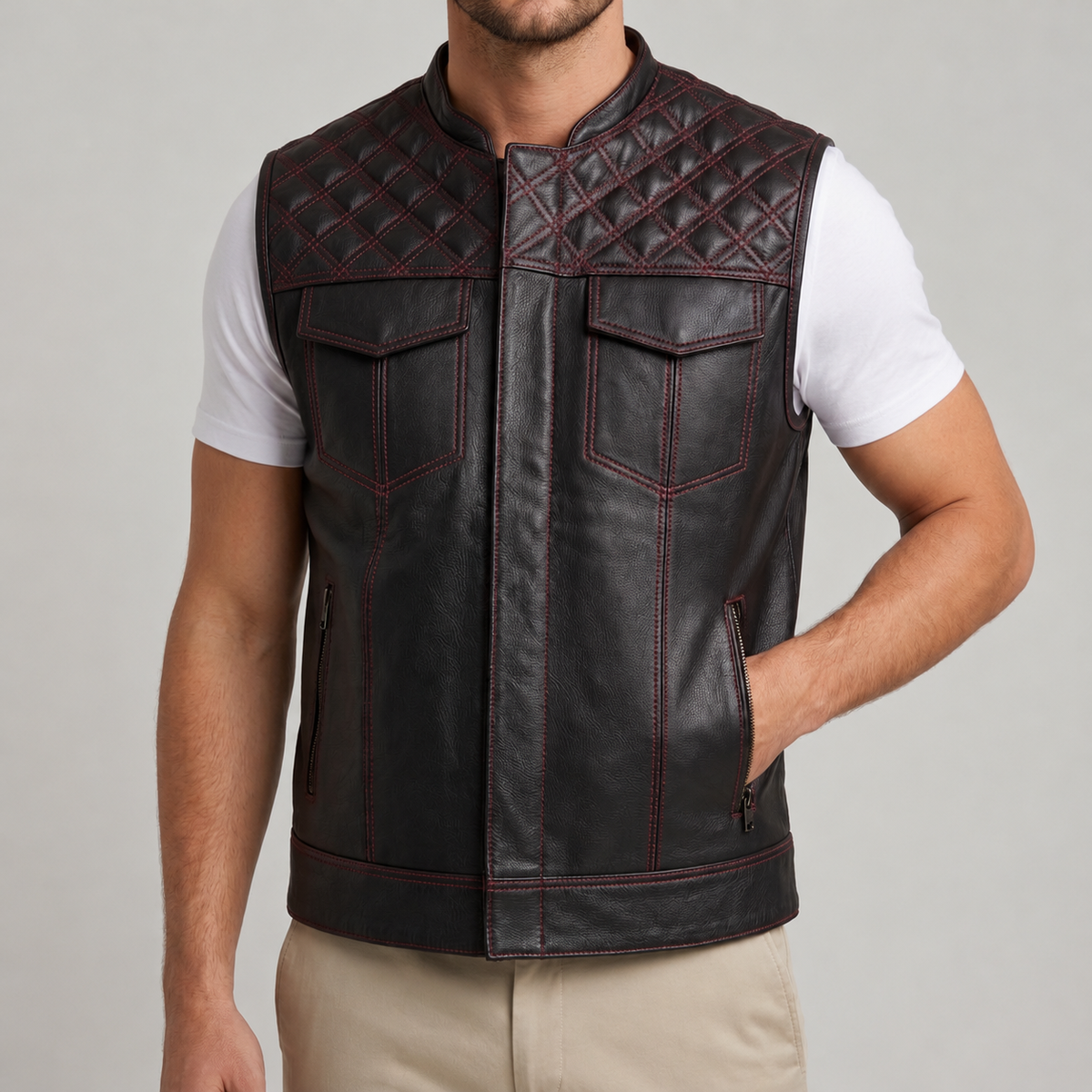 Black Leather Quilted Moto Vest - Men's Contrast-Stitch Biker Vest
