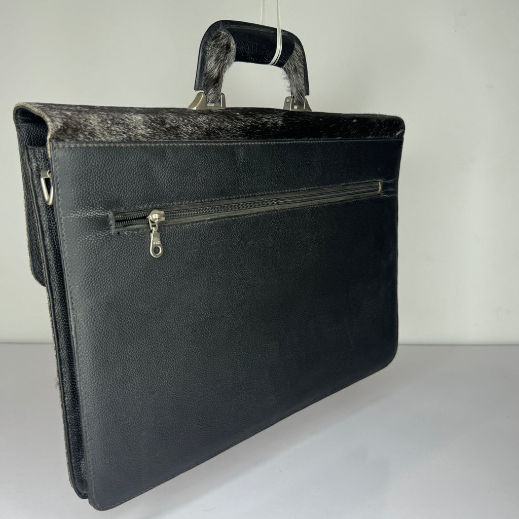 Black Leather Laptop Bag with Cowhide Trim – Slim Zip Portfolio Case