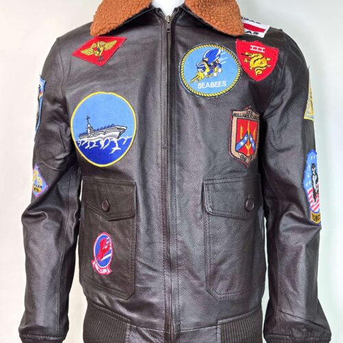 Vintage Leather Flight Jacket with Shearling Collar and Military Patches