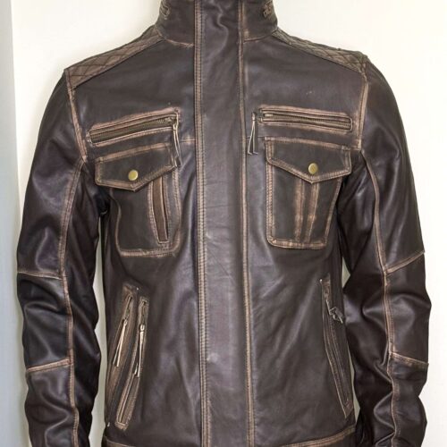 Brown Distressed Leather Jacket with High Collar and Utility Pockets