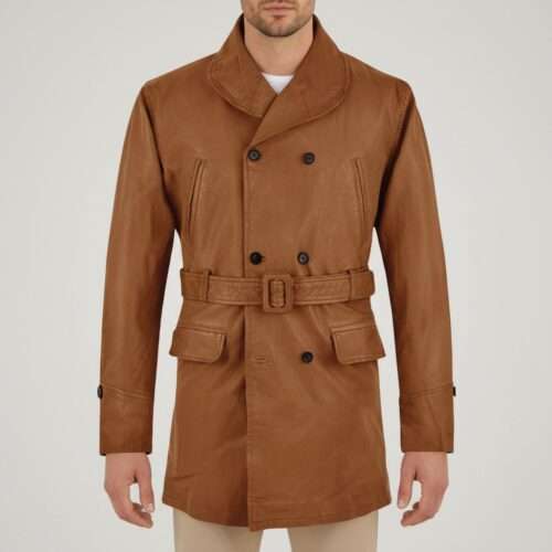 Men's Brown Leather Trench Coat: Long Tan Duster Coat