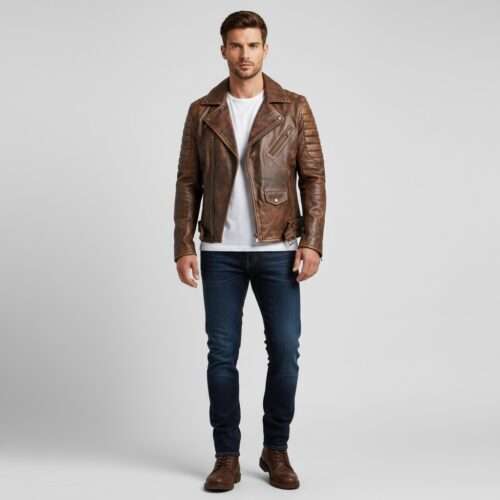 Men's Distressed Brown Leather Biker Jacket: Slim Fit Quilted Motorcycle Jacket