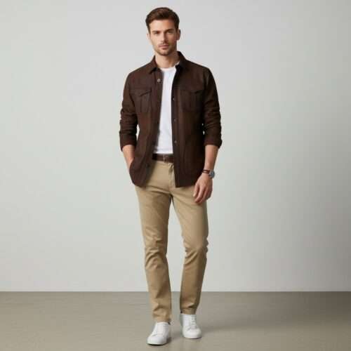 Brown Suede Leather Shirt Jacket - Motorcycle Style