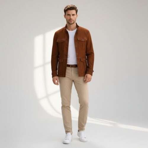 Brown Suede Leather Multi Pocket Jacket | Western Cowboy Style Biker Coat