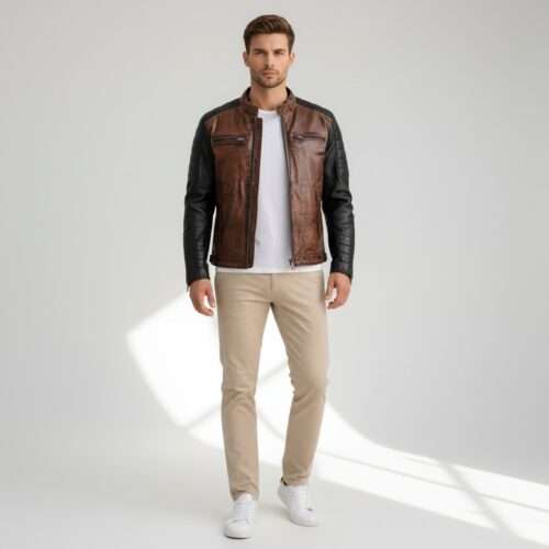 Men Distressed Cafe Racer Leather Biker Jacket/ Brown Vintage Motorcycle Jacket/