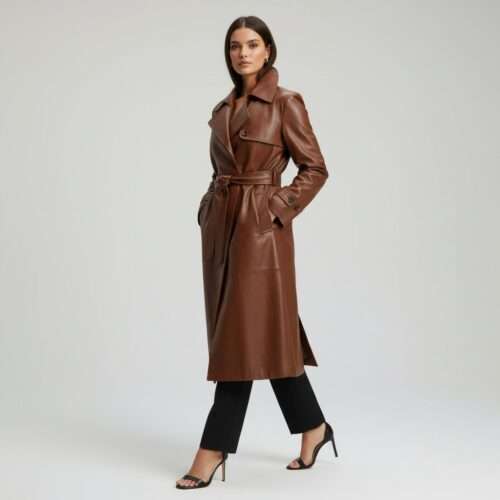 Handmade Brown Leather Trench Coat: Soft Belted Long Overcoat