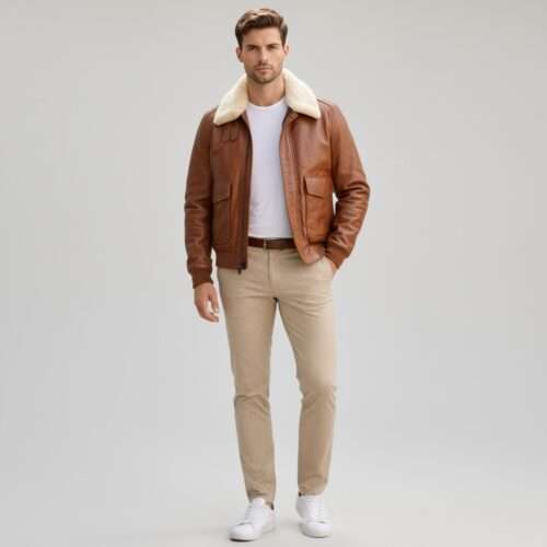 Handmade Brown Leather A2 Bomber Jacket: Flight Pilot Fur Collar