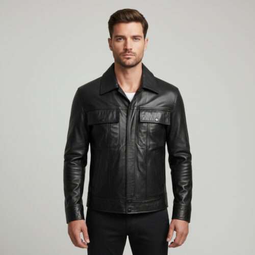 Men's Black Leather Trucker Jacket: Vintage Biker Style